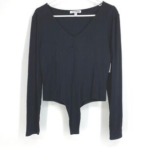 Steve Madden Womens Black Ribbed‎ Knit Long Sleeve V-Neck Bodysuit Top L